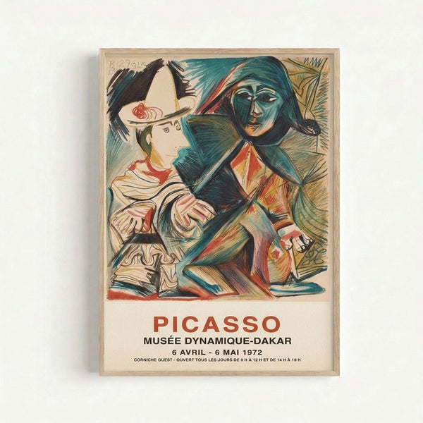 Bold modernist art print with angular black lines and warm color palette of cream, ochre, and rust tones, showcasing abstracted figures and a bird in cubist style on a gallery wall.