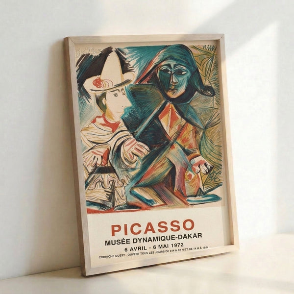 Framed exhibition poster in Art Deco and Bauhaus aesthetics, displaying geometric abstraction of human and avian figures in striking teal and rust red against cream background.