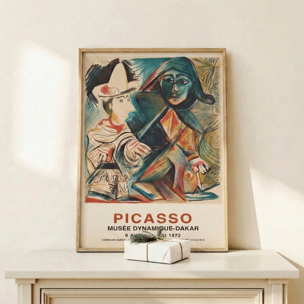 Abstract cubist wall art poster with dynamic composition of interlocking figures in ochre yellow, teal, rust red, and black, characteristic of 1970s modernist design.