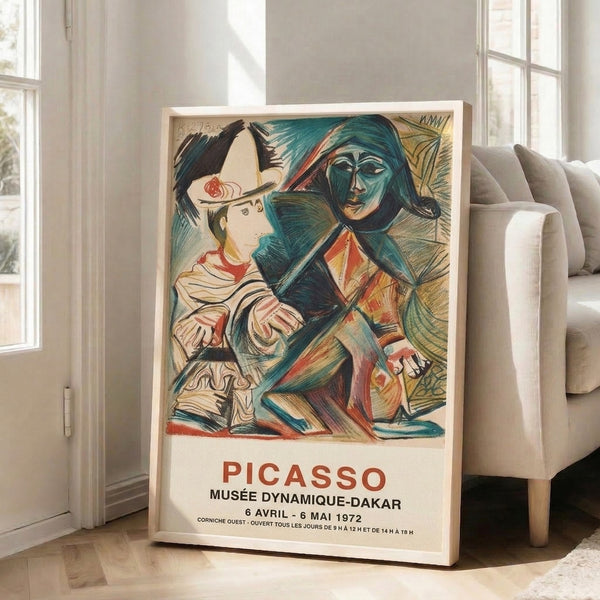 Geometric modern art print featuring boldly stylized figures and bird motif in earthy rust and mustard tones with teal accents, rendered in Bauhaus cubist language.