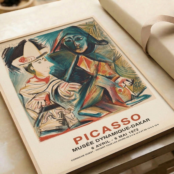 Framed Bauhaus-inspired exhibition print displaying dynamic interplay of geometric human and animal figures in cream, ochre yellow, rust red, and teal color scheme.