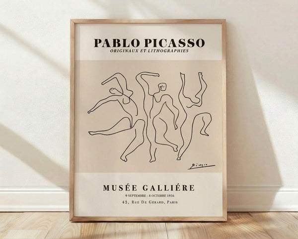 Abstract line art drawing of a dancing figure in black ink on cream background, minimalist modernist style inspired by 1950s avant-garde art.