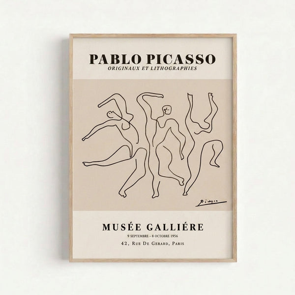 Framed poster featuring continuous line drawing of a graceful dancer in black and cream, capturing movement with bold minimalist linework.