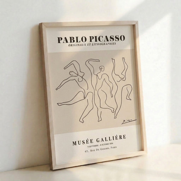Modernist line art print showing an abstract human figure in dynamic pose, rendered in black lines on off-white, exemplifying mid-century artistic simplicity.