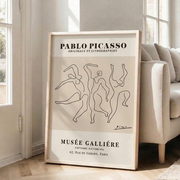 Black line drawing of a dancing form on cream-colored poster, minimalist interpretation of human movement in contemplative modernist style.