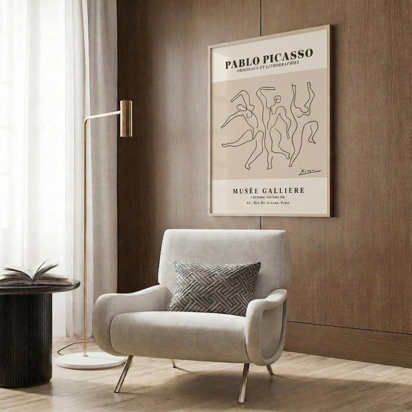 Minimalist line art poster depicting an abstract figure in motion, black ink on off-white, reflective of 1950s avant-garde aesthetics.