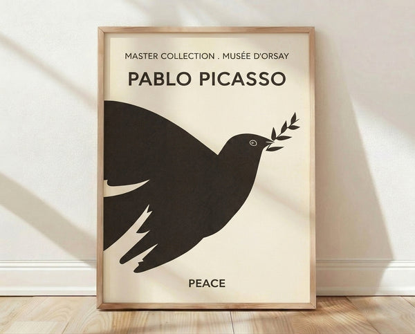 Minimalist line art framed poster featuring Picasso's iconic peace dove with olive branch in black and white on cream background.