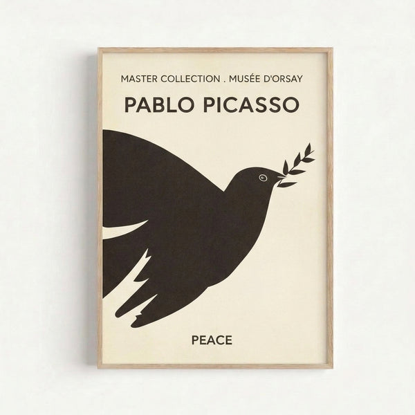 Framed modern art print displaying a simple black line drawing of a dove carrying an olive branch, symbolizing peace and hope.