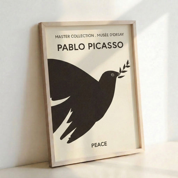 Contemporary line art poster on cream depicting Picasso's peaceful dove with minimalist black pen strokes and olive branch motif.