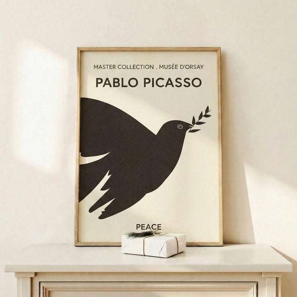 Framed minimalist poster showing an elegant black outline of a dove in flight with an olive branch, evoking hope and tranquility.