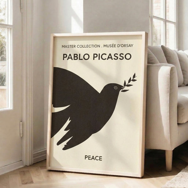 Modern cream and black framed art print featuring the iconic peace dove rendered in clean, minimalist line art style.