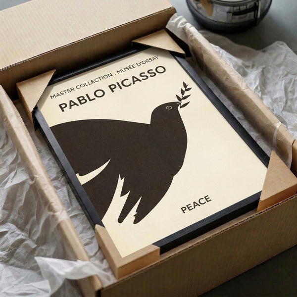 Framed wall art featuring a hopeful peace dove with olive branch, drawn in clean black lines on a neutral cream backdrop.