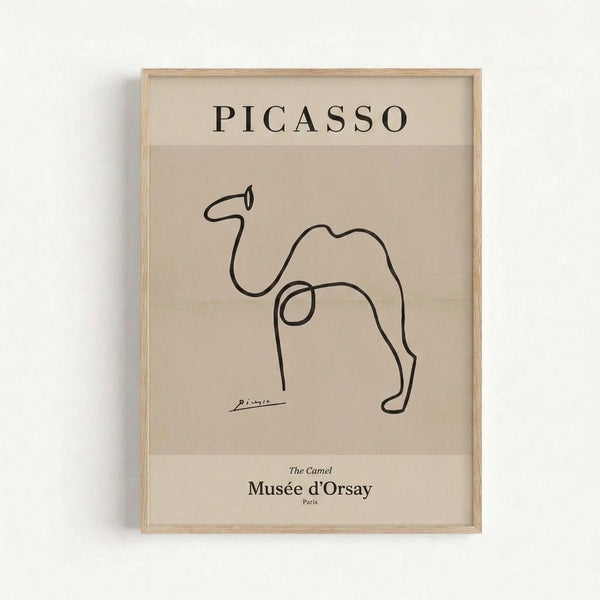 Sophisticated one-line camel illustration in black on beige, contemporary wall art print with clean minimalist aesthetic.