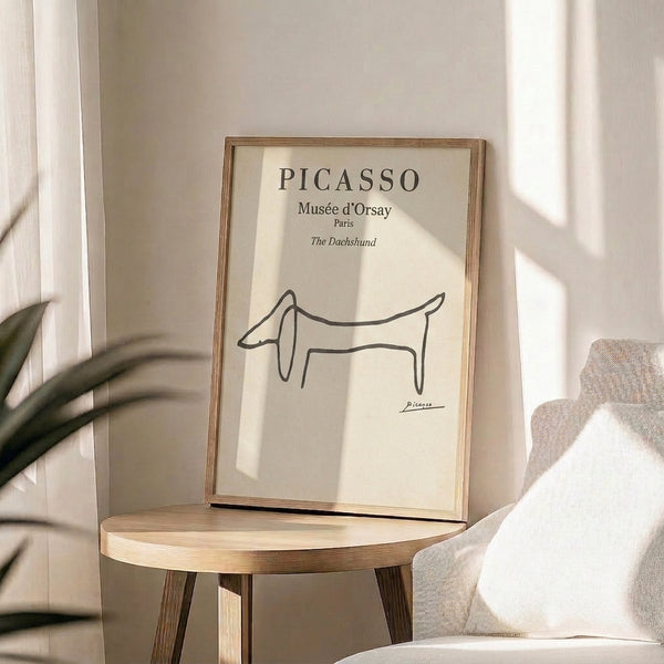Whimsical dachshund sketch in black and gray lines on cream, minimalist framed wall art with vintage modernist appeal.