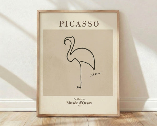 Minimalist line art poster of a flamingo in black ink on cream background, inspired by Picasso's elegant drawing style.