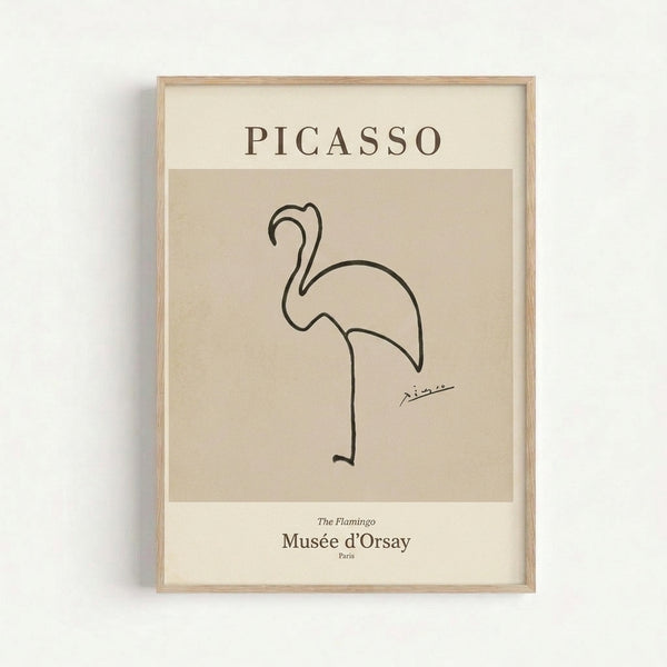 Sophisticated single-line flamingo drawing in black and taupe tones on beige, framed as a modern wall art print.