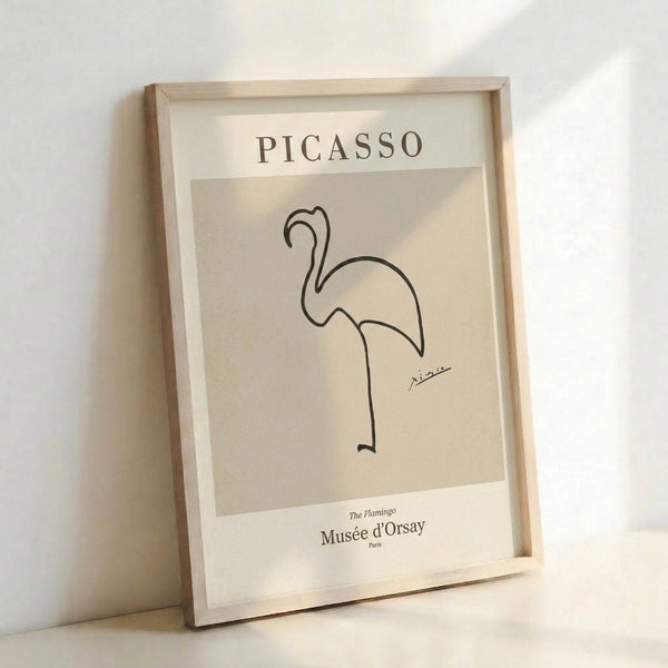 Abstract flamingo rendered in continuous line art with cream and black palette, embodying minimalist modern design.