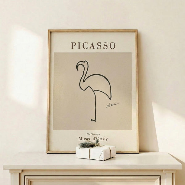 Elegant bird line drawing poster featuring a flamingo in black strokes on warm neutral background, museum-quality art print.