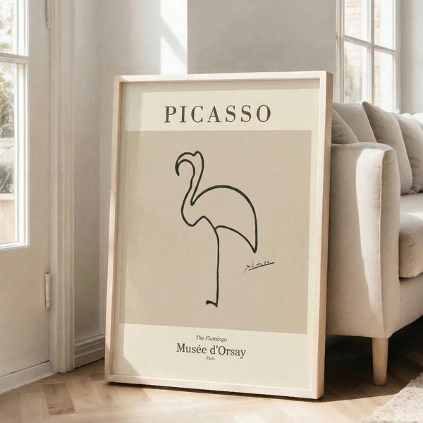 Picasso-inspired flamingo line art in muted beige and black tones, a minimalist statement piece for contemporary interiors.