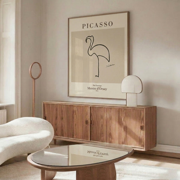 Modern line art interpretation of a flamingo in taupe and black, creating an elegant and understated decorative print.
