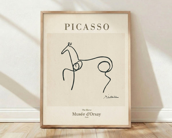 Minimalist line drawing of a horse in black ink on cream background, framed poster with sophisticated modernist aesthetic.