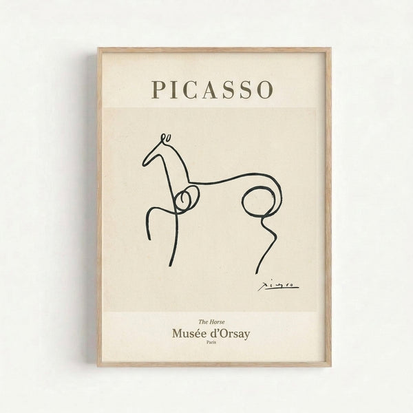 Single continuous black line depicts a horse in profile, cream and olive-gray toned art print capturing contemplative simplicity.