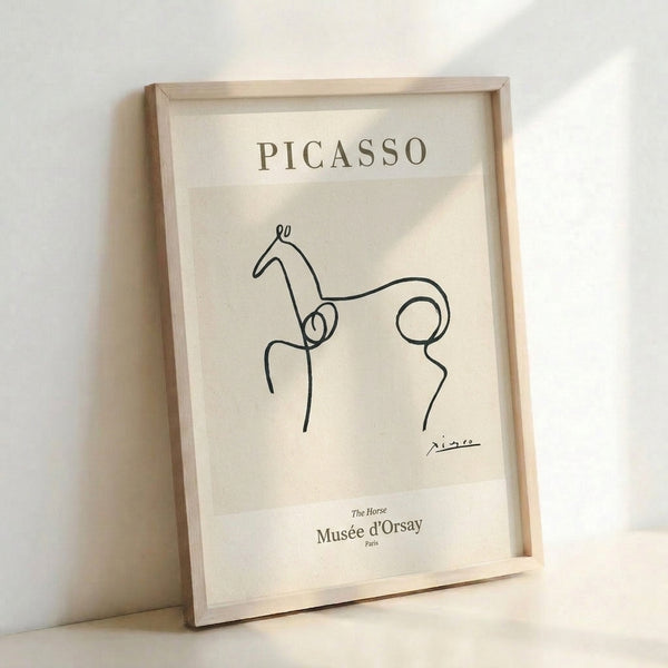Abstract horse portrait rendered as elegant black line art on neutral cream, sophisticated wall decor with minimalist sensibility.