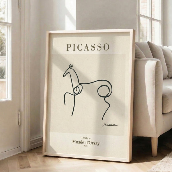 Framed minimalist horse line drawing in black and gray tones on cream, embodying contemplative modern artistic expression.