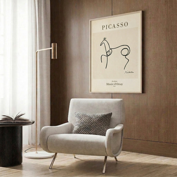 Contemplative horse line drawing in black on cream with olive-gray accents, sophisticated minimalist poster for modern interiors.