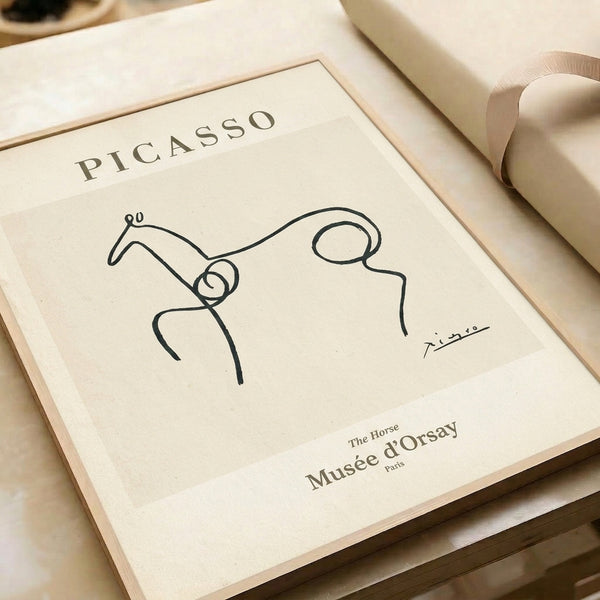 Elegant black line portrait of a horse on neutral cream ground, framed minimalist print with sophisticated understated aesthetic.