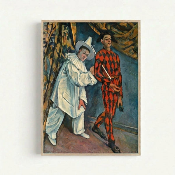 Art print featuring Pierrot and Harlequin in classical costume, rendered in Cezanne's distinctive post-impressionist style with warm ochres and cool tones, displayed as a framed poster.