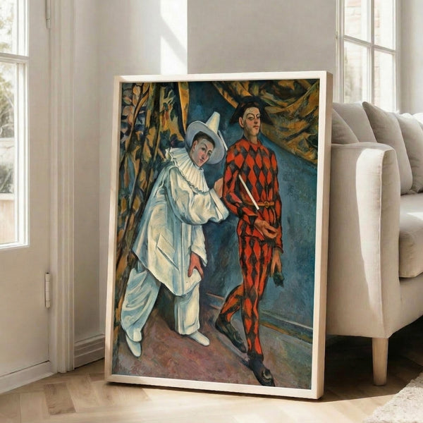 Contemporary wall decor print of the famous Cezanne composition Pierrot and Harlequin, with simplified forms and harmonious color relationships in warm and cool hues.