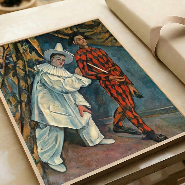 Wall-mounted poster of the classical theatrical scene Pierrot and Harlequin, featuring geometric forms and a restrained palette of taupe, blue, and cream tones.