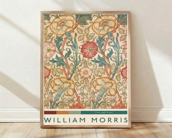 Art Nouveau botanical poster featuring delicate pink roses, teal leaves, and golden vines in an ornamental naturalistic pattern on cream background.