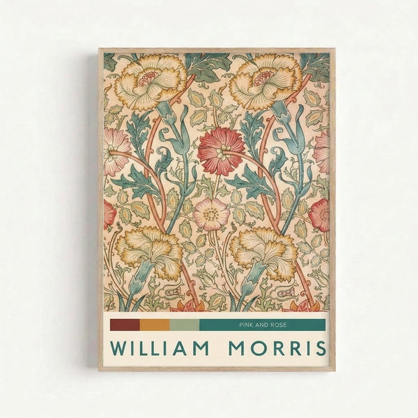 Vintage floral wall art with intertwining rose pink blooms, terra cotta accents, and teal foliage in elegant Art Nouveau style.