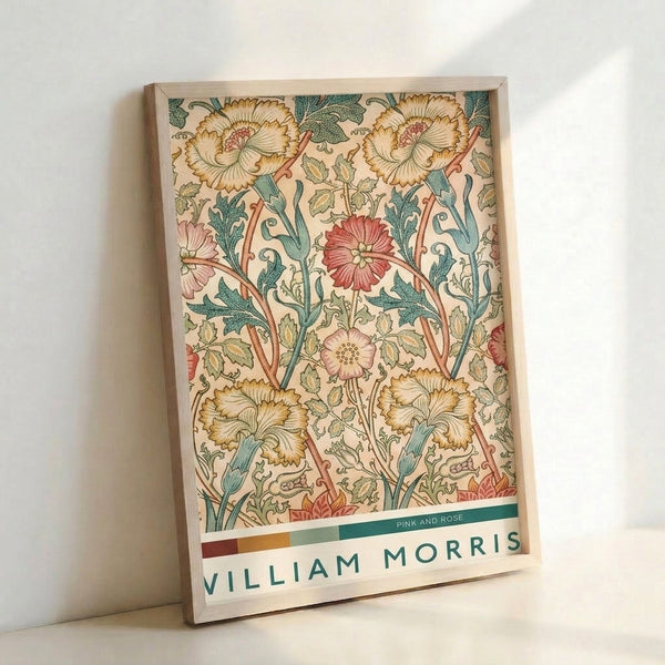 Ornamental botanical print showcasing pink and rose flowers with golden yellow stems and teal leaves in classic Art Nouveau design.