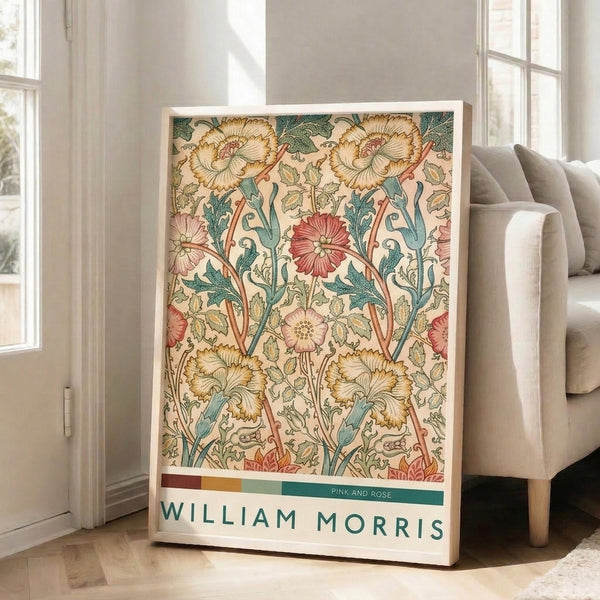 Framed cream-toned poster displaying intricate Art Nouveau floral motif with rose pink flowers, terra cotta details, and teal botanical elements.
