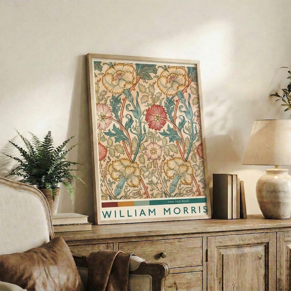 Vintage-inspired botanical wall art in Art Nouveau style with naturalistic pink roses, golden accents, and teal-green foliage throughout.