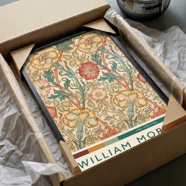 Art Nouveau floral design with climbing vines, pink blooms, and teal leaves accented with golden yellow in an ornate botanical composition.