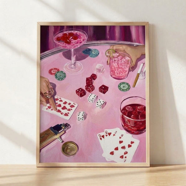 Glamorous pop art poster featuring a woman's hand with playing cards, dice, poker chips, cocktail, and champagne in shades of pink, burgundy, and gold, capturing a sophisticated casino nightlife mood.