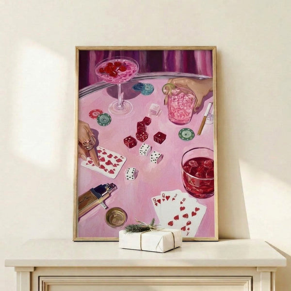 Coquette-style modern art print showcasing casino elements including cards, chips, a cocktail, and perfume bottle in rich pinks and deep purples, evoking playful nighttime sophistication.