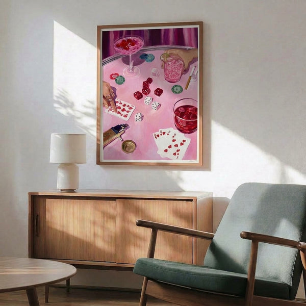 Modern playful poster art blending coquette aesthetics with casino charm: cards, dice, cocktail, and accessories in sophisticated pinks and golds against deep purple accents.