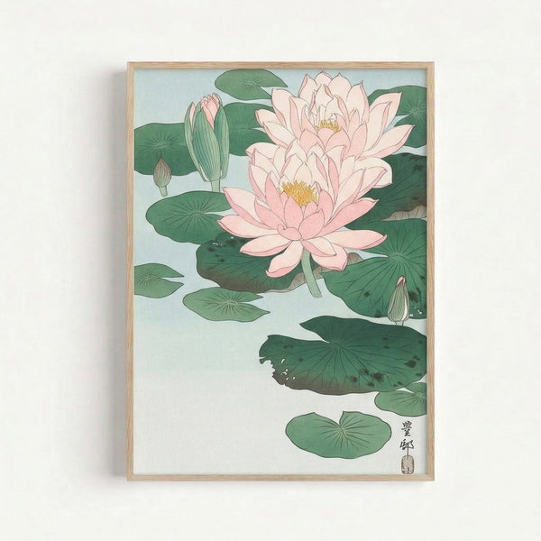 Minimalist zen art print depicting a delicate lotus flower in soft pink tones with dark green foliage, rendered in traditional woodblock technique.