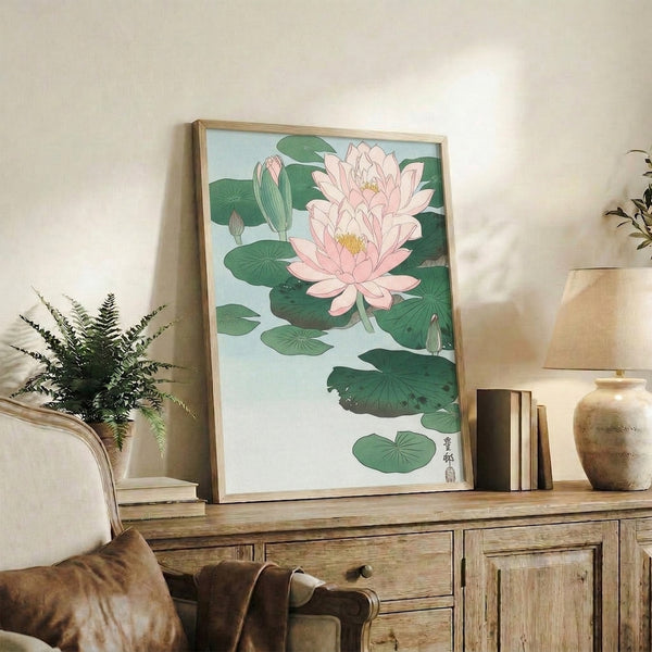 Zen-inspired poster featuring a graceful water lily in pale pink with cream and green tones, executed in Japanese woodblock aesthetic.