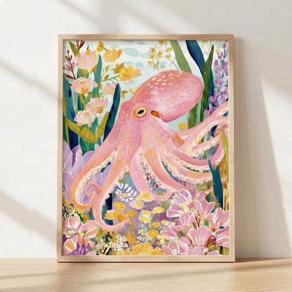 Whimsical watercolor illustration of a pink octopus surrounded by blooming flowers, green foliage, and soft clouds in boho style, framed as a poster in warm pastel tones of pink, yellow, pale blue, and green.