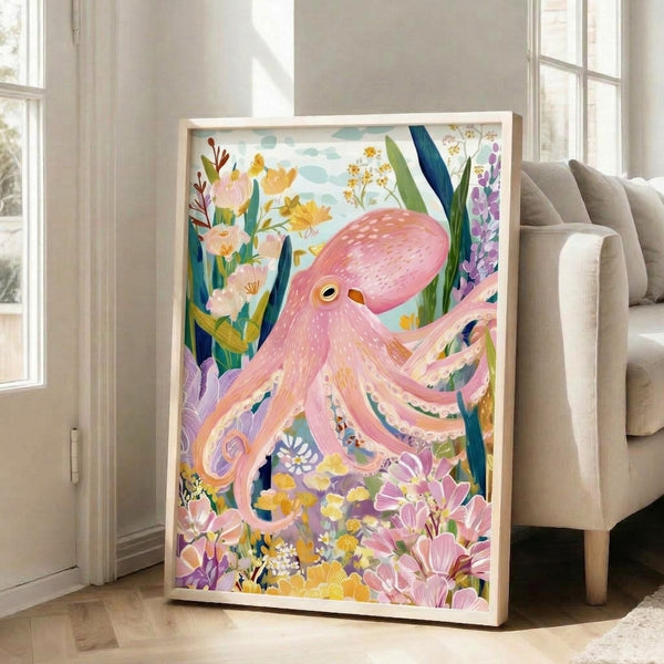 Dreamy botanical art print featuring a gentle pink octopus nestled among colorful watercolor flowers and leafy plants with a calming, joyful mood in soft pastels.