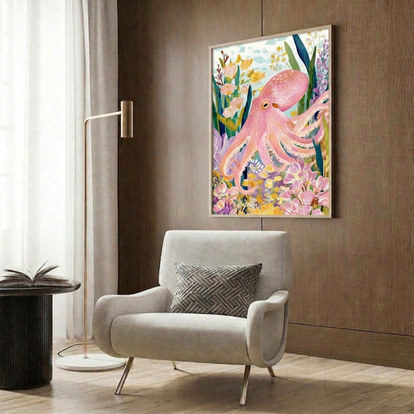 Boho-style watercolor poster showing a whimsical pink octopus in a flourishing floral garden with purple, yellow, and green botanical elements and dreamy cloud details.