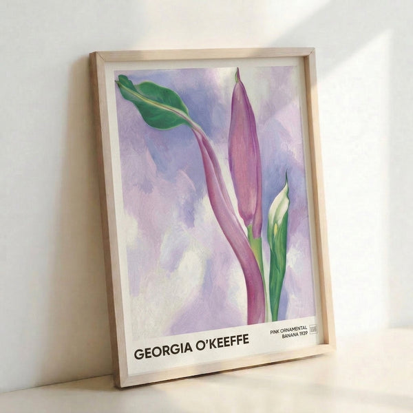 Sensual watercolor poster depicting a pink ornamental banana bloom with delicate layered petals in rose and lavender hues, accented by soft green foliage.
