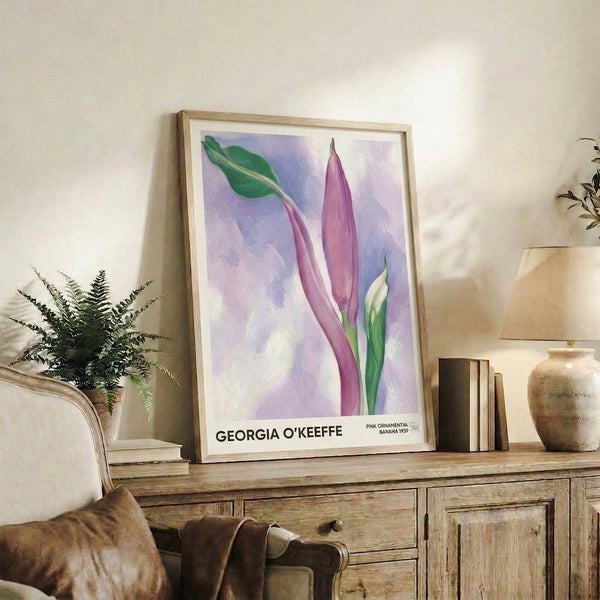 Serene watercolor print of a pink flowering banana plant with flowing petals in lavender and rose, complemented by sage and cream tones throughout the composition.