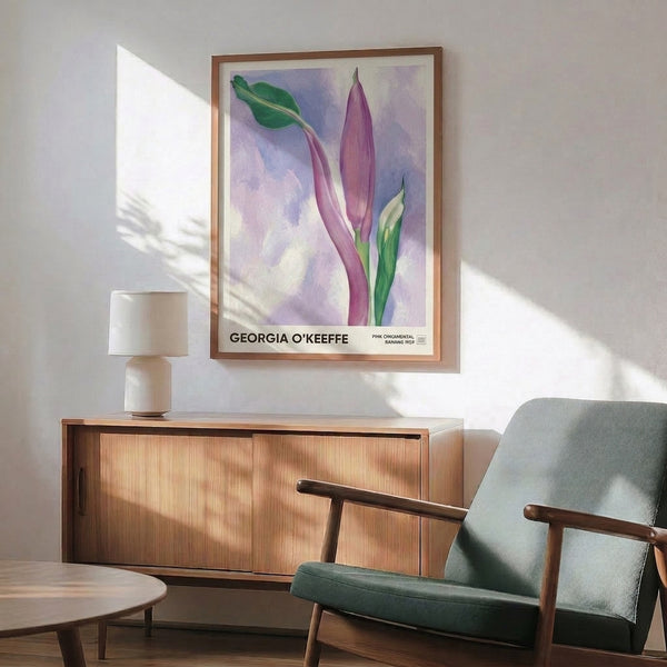Soft romantic watercolor poster featuring a pink ornamental banana blossom in mauve and rose hues surrounded by gentle green botanical forms on a light cream field.